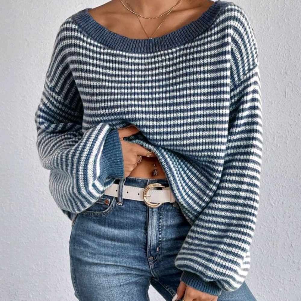 Striped Pattern Drop Shoulder Sweater - Picture 4 of 4